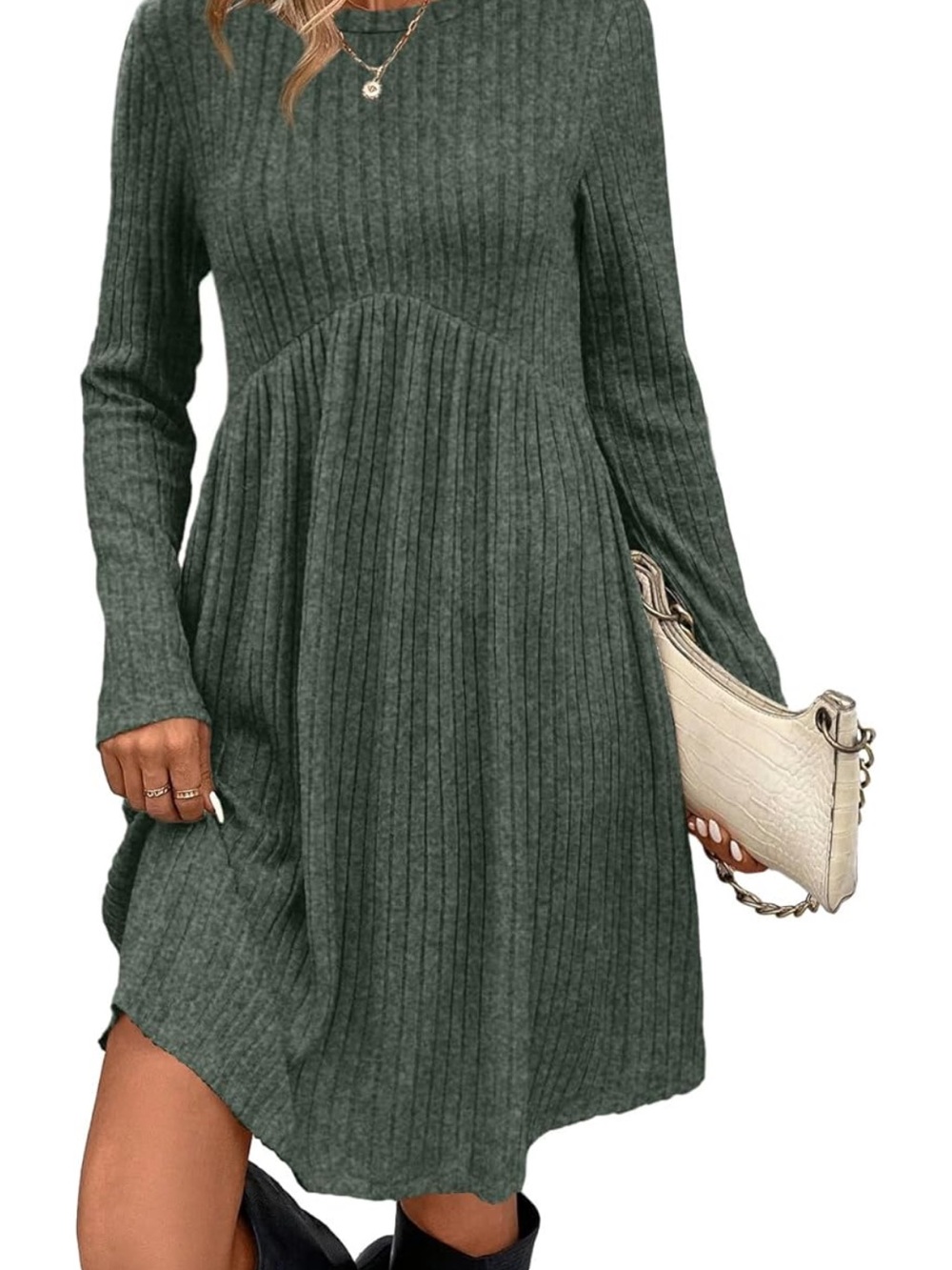 3/$30 Ribbed Long Sleeve Casual Knit Dress - Dark Green